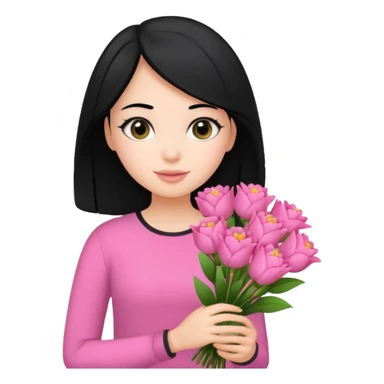 girl with black hair wearing pink top and pink bouquet  sticker
