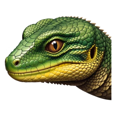Cinematic Realistic Noble Monitor Lizard Portrait Emoji, Poised and imposing, with a robust, muscular build and a rugged, intricately scaled hide in natural olive and dark brown tones, a sharply defined head with intense, observant eyes, rendered with lifelike detail and authentic texture, high shine, intelligent and formidable, styled with an air of desert authority, focused and attentive, soft glowing outline, capturing the essence of a watchful and confident monitor lizard that appears ready to stride out of the screen with effortless power! sticker