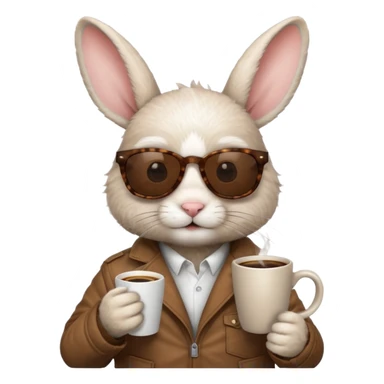 White rabbit, wearing brown jacket, sunglasses, holding coffee mug sticker