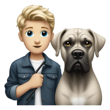 young white kid with justin beiber hairstyle standing alongside a black cane-corso sticker