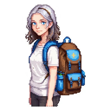 white woman park ranger with blue eyes, brown and gray hair, wearing a backpack sticker