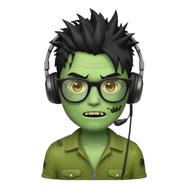 make a zombie iphone emoji with black  glasses, scratches black spiky hair and headphone, green skin
 sticker
