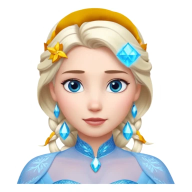 Кинематографический реалистичный портрет Эльзы с реалистичной текстурой кожи, мягким естественным освещением и изящно детализированными платиново-русыми волосами Её  выразительные голубые глаза излучают уверенность, спокойное выражение. Портрет отличается мягким чарующим сиянием с прохладной sticker