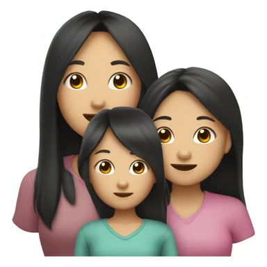 Asian mom with long black hair, one older daughter with very long hair, and two twin daughters with long dark hair sticker