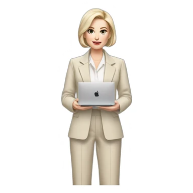pale skin woman with ash blonde Straightened bob Hair, White Spacious classical jacket, beige palazzo Arrow pants and gray blouse holding a MacBook in the hands sticker