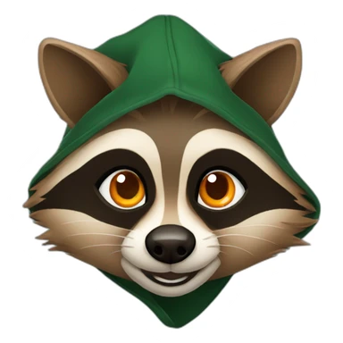 brown raccoon with orange eyes and a dark green hood that smile sticker