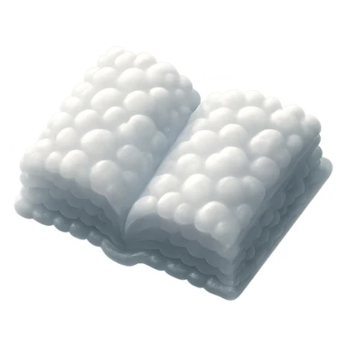 top view of a thick open book made entirely of small, very bright white fluffy convex clouds, matte glass style, no background sticker