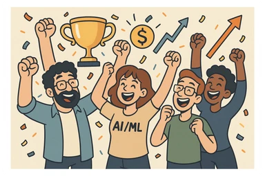 groupe de développeurs IA/ML heureux, levant les bras en signe de victoire, entourés de symboles de réussite comme trophée, confettis, graphiques en hausse, style cartoon dynamique sticker