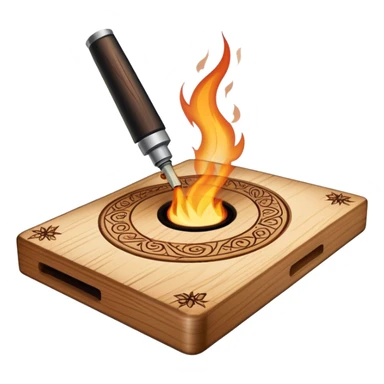 Pyrography icon, wooden board with intricate burn marks, pyrography tool (wood burner) in use, detailed patterns burned into the wood, minimalistic style, clean lines, transparent background. sticker
