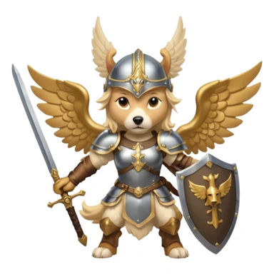 dog freya has sword and shield. she is a valkyrie and has wings. dynamic pose sticker