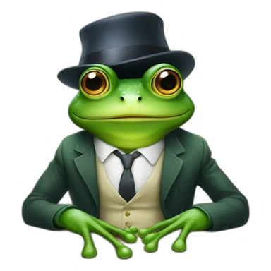 A frog wearing a suit looking straight sitting on a table and wearing a hat sticker