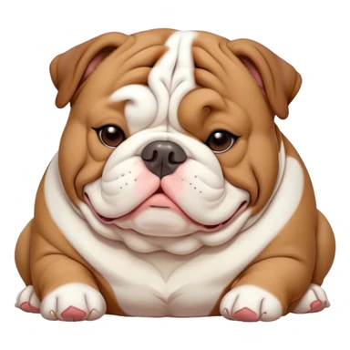 Cinematic Meme-Worthy Chubby Sleeping Brown and White English Bulldog Portrait Emoji, Head resting peacefully with a contented smile, showcasing a delightfully chubby build and a luxuriously soft brown and white coat, eyes shut in a serene nap, Simplified yet hilariously adorable features, highly detailed, glowing with a soft, drowsy light, high shine, relaxed and utterly lovable, stylized with an air of playful laziness, bright and heartwarming, soft glowing outline, capturing the essence of a comically sleepy guardian, so meme-worthy it feels like it could instantly become the next viral sensation of adorable slumber! sticker