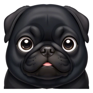 Cinematic Noble Black Pug Portrait Emoji, Poised and regal, with a compact, sturdy build and a sleek, shiny pure black coat, deep-set soulful dark eyes, Simplified yet sharp and sophisticated features, highly detailed, glowing with a soft, dignified glow, high shine, intelligent and spirited, stylized with an air of confidence, focused and attentive, soft glowing outline, capturing the essence of a watchful and commanding companion, so majestic it feels as though it could prance out of the screen with effortless authority! sticker