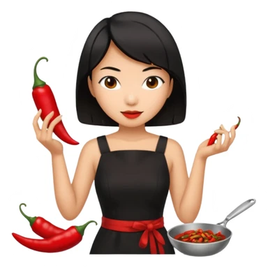 asian black short shoulder length hair tanned woman, black dress cooking, holding chili pepper sticker