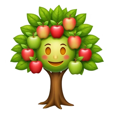 diseña a un árbol con cara sonriente y que las hojas tenga tres manzanas en cada lado o en cada parte de las hojas. sticker