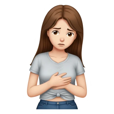 Sad women with long brown hair rubbing stomach with shirt on sticker