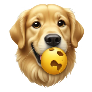 Golden retriever eating sphere that has a hole sticker