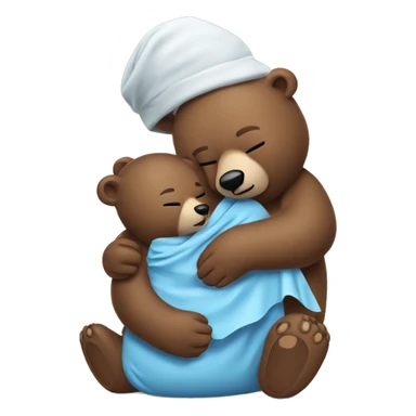 mama bear cradles her sick bear cub. she is holding her cub in her arms as he winces with an ice pack on his head sticker