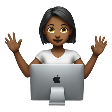 Girl sitting in front of the apple computer and raising right hand  sticker