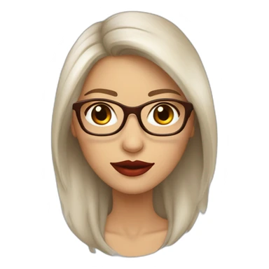 Mujer de piel blanca con labios rojos , cabello largo color castaño con rulos solo en las puntas, anteojos de vista y ojos color marron con lentes sticker