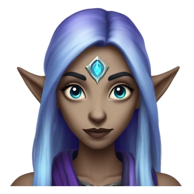 night elf female whom world of warcraft with white sclera eyes without pupil, purple skin, blue long hair, long eyebrows and ears sticker