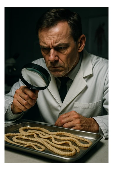 A middle-aged male kinesiologist wearing a pristine white lab coat, intensely analyzing long, beige tapeworms (like Taenia) under a magnifying glass. His expression is focused and slightly concerned, with dramatic studio lighting casting sharp shadows. The parasites are highly detailed, moist, and textured, stretched across a sterile metal tray. The background is blurred but suggests a clinical environment—hints of a microscope, medical charts, and clean lab equipment. The style is hyper-realistic, with a cinematic contrast between the bright white coat and the grotesque, organic forms of the parasites. No sci-fi elements, just raw medical realism with a disturbing edge sticker