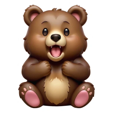 Cinematic Cute Yawning Bear Portrait Emoji, Head tilted slightly with a dramatic, wide-open yawn, showcasing a soft, plush dark brown fur with drooping ears, round eyes barely open in drowsy contentment, Simplified yet irresistibly adorable features, highly detailed, glowing with a soft, cozy glow, high shine, relaxed yet expressive, stylized with a touch of woodland charm, bright and endearing, soft glowing outline, capturing the essence of a sleepy yet affectionate bear, so drowsy it feels like it could lumber out of the screen and curl up for a nap! sticker
