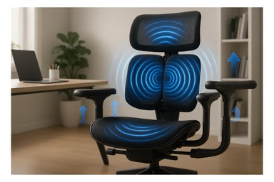 ergonomic office chair, reduces fatigue and muscle tension, modern workspace, soft light, realistic photo sticker