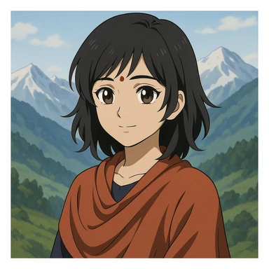 anime style Indian girl living in the mountains, black layered haircut, brownish-black Indian eyes, fair face, subtle mountain background sticker