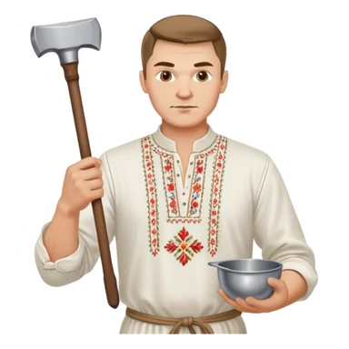 Ukrainian man wearing traditional white embroidered shirt (vyshyvanka) holding a hammer in one hand and a kitchen ladle in the other hand sticker