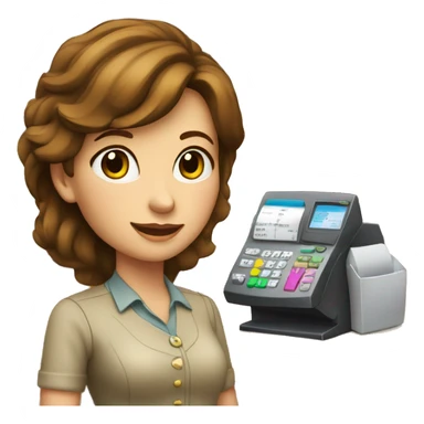 cashier (white female, brown hair, white gold earrings) in front of cash registry, apple-style sticker