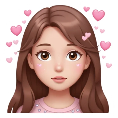 Girl with long brown hair blushing with sparkly eyes and little hearts floating around cartoon style delicate pale pink fangirl 🤩 sticker