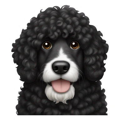 A big bernadoodle dog, curly hair all black. All black except for white on its neck. an all black face sticker