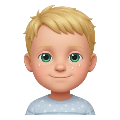 3 year old blonde boy with green-blueish eyes waking up from bed sticker