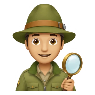  man in beige moss green explorer outfit, hat, holding magnifying glass, smile sticker