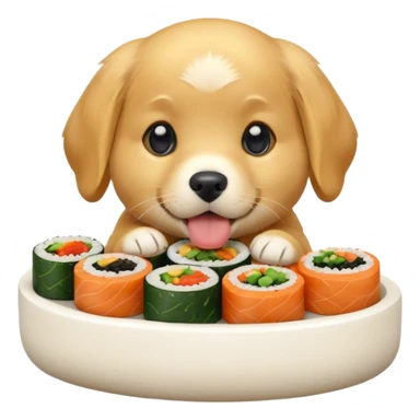 A cute golden retriever puppy eating gimbap in iPhone emoji style, soft 3D glossy texture, bright vivid colors, no outlines, centered composition, transparent background. sticker