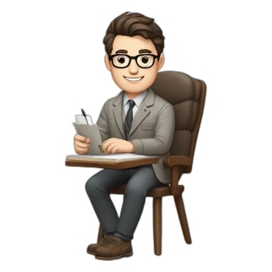 Pale skinned Fit Man With dark brown hair in gray jacket, beige office shirt and vintage glasses sitting In a soft chair with a notebook with emblem Ψ and a pen in his hands sticker