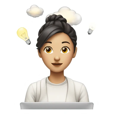 an asian girl with laptop with a bun hair, clouds and light bulbs in background sticker