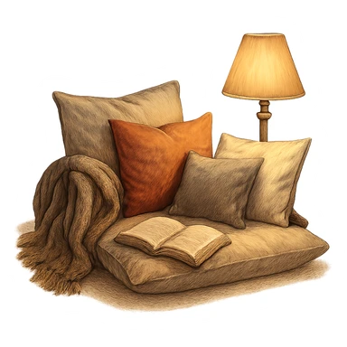 cozy reading nook with pillows and a lamp, warm and inviting sticker