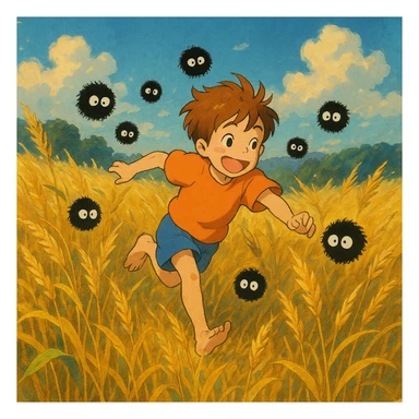 A child running through a golden wheat field, chased by playful dust spirits. sticker