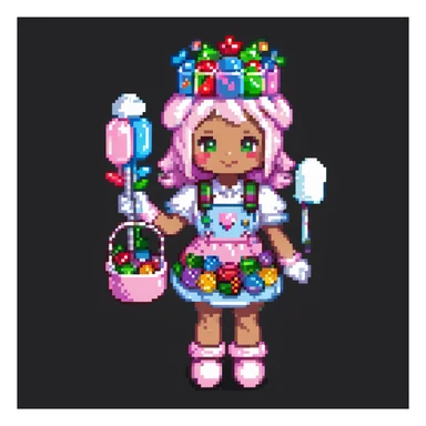 Portrait of a baker dressed in pink candy-themed clothes, gummy bears on his sleeves, rock candy crown, marshmallow gloves, skeuomorphism style sticker