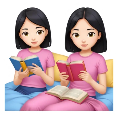 two asian girls black hair on the bed pink and yellow top reading blue books sticker