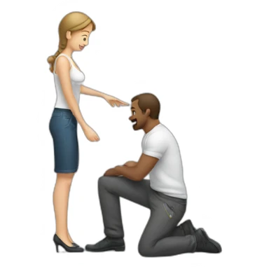woman on knees helping man with pants zipper sticker