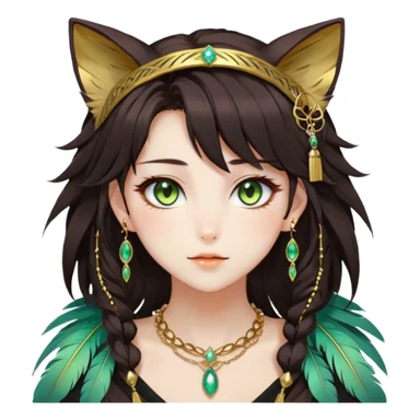 Beautiful gorgeous anime lady with beautiful dark-brown-special-hair, fashion aesthetic, ethereal, feather, accessories, gold jewelries, gold, colorful, feline ears, hazel-green eyes sticker