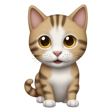  I would like an emoji of a cat with a light brown and gray coat. The cat has a tabby pattern with darker stripes and spots, especially on its legs and tail. The cat’s face has a light-colored snout, a dark nose, and expressive blue eye sticker