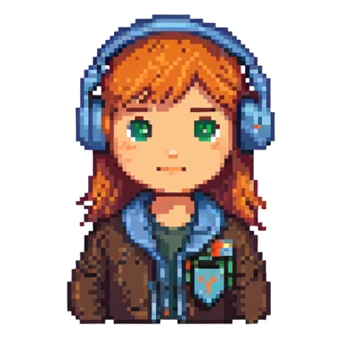 Remove the desk and any words from the image. Add the Y Combinator (YC) logo as a badge on her jacket. Keep the character cute, in 8-bit pixel art style, with a headset and no background. sticker