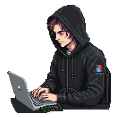 hacker with laptop and code sticker