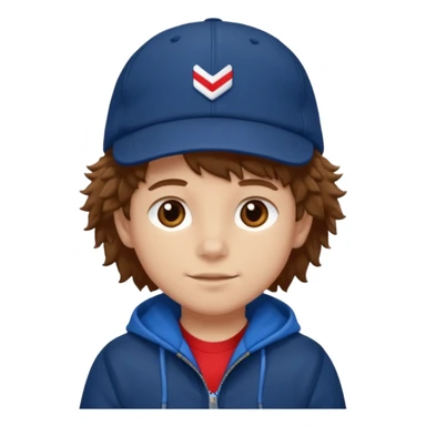 brown fluffy hair kid with blue and white cap dark blue jilet red t shirt sticker