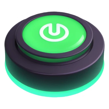 3D icon style, glowing green power button, 'always on' concept, modern and vibrant, with depth and shine sticker