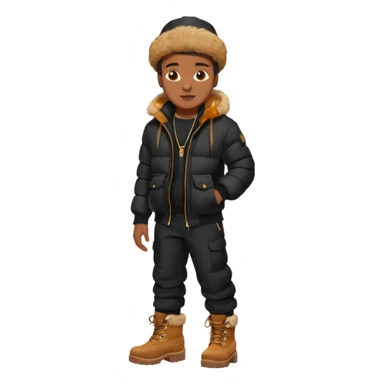 Handsome Black guy with brown skin tone, wear black joggers, a black bubble coat with a fur brim on the hood, and buckwheat timberland boots sticker